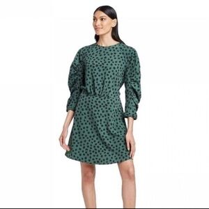 Who What Wear Dress Women's XXL Green and Black‎ Polka Dot Ruched A-Line